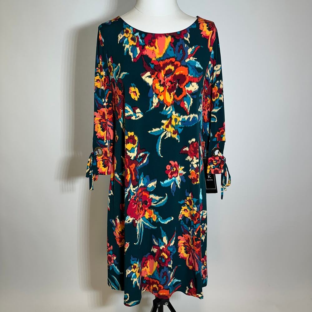 NWT MSK Laguna Mist Floral Print 3/4 Sleeve Shift Dress Womens Petite Size PL